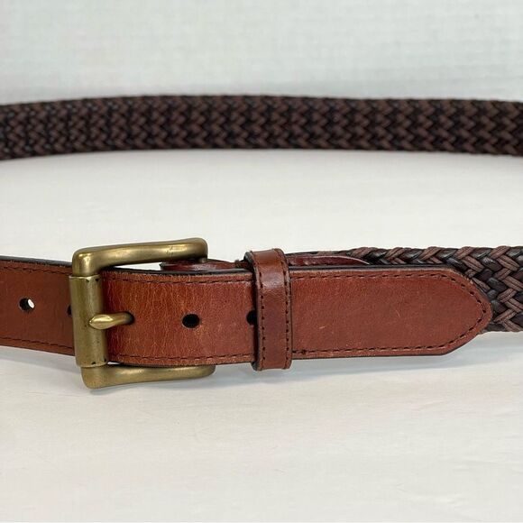 Savane Leather Woven Basketweave Two Tone Brown Belt Solid Brass Buckle Size 44 - Picture 3 of 13